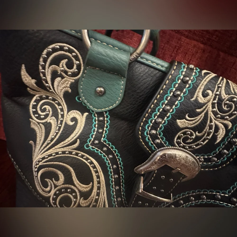 Montana West Buckle Shoulder Tote Purse Concealed Carry Rhinestones Black Blue - Picture 4 of 11